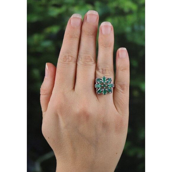 Sterling Silver Natural Green Onyx Flower Ring Size 7 3/4 - Picture 2 of 8